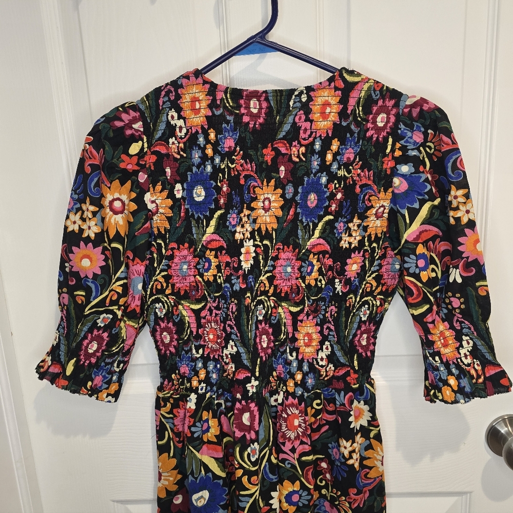 Boden Smocked Bodice Ruched Sleeves Mini Dress Black, Gardenia Pop 2 Regular - Picture 9 of 12